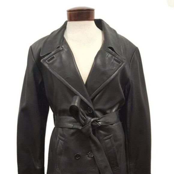 Women’s Full Length Long Luxurious Soft Black Leather Double Breasted Belted - Picture 1 of 3